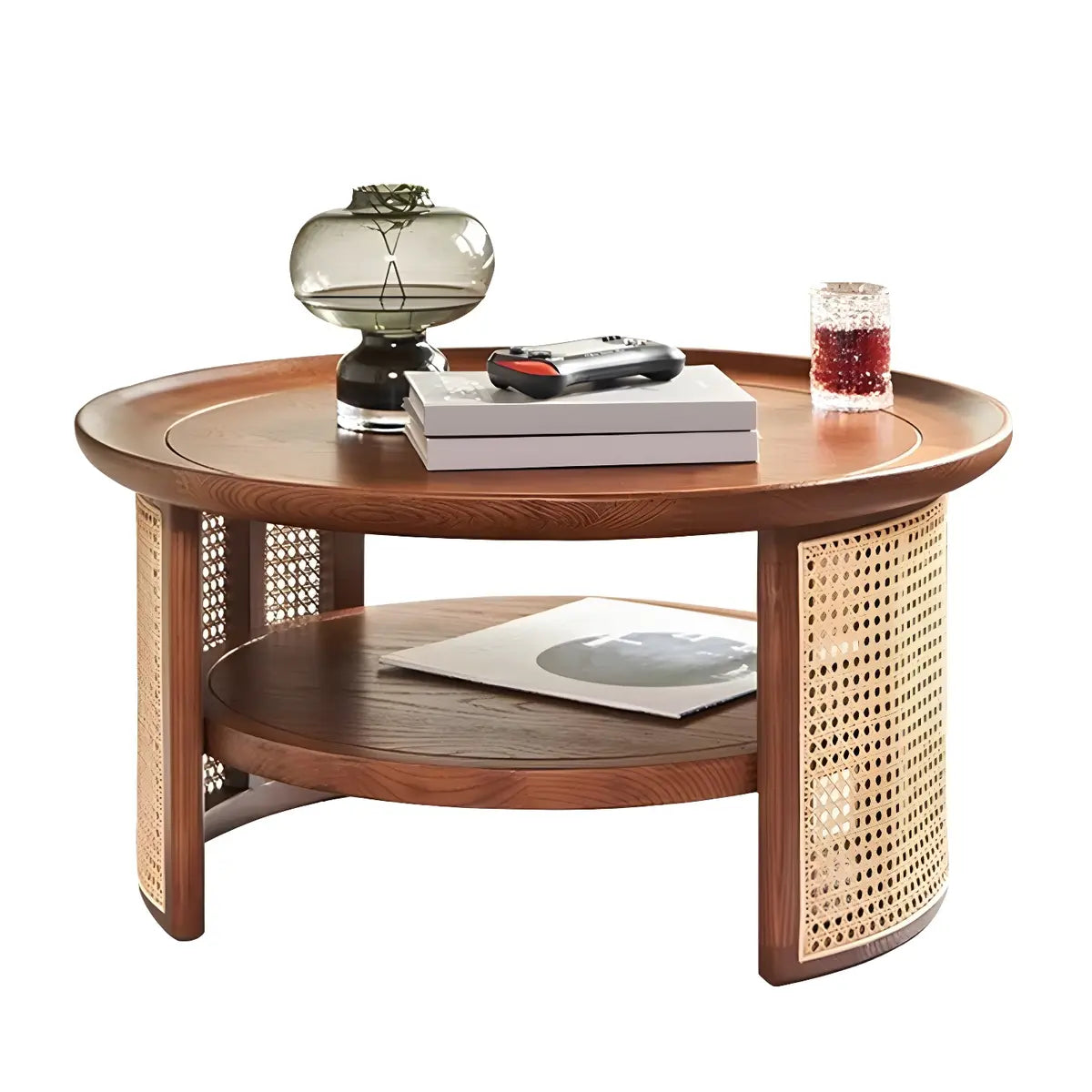 Tray Top Rattan Base Round Coffee Table with Shelves Image - 7