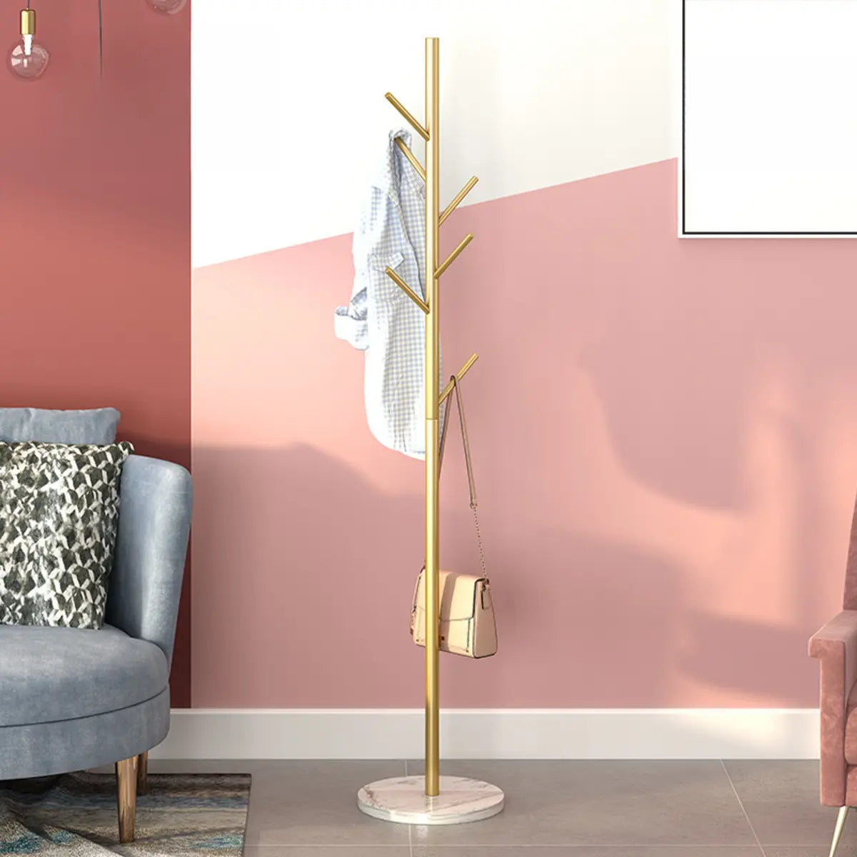 Tree-Shaped Gold Alloy Hooks Coat Rack with Marble Base Image - 1