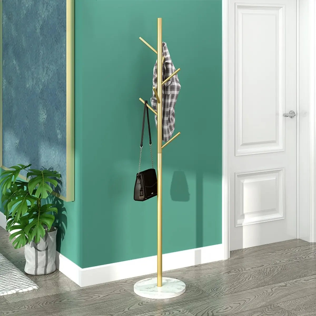 Tree-Shaped Gold Alloy Hooks Coat Rack with Marble Base Image - 2