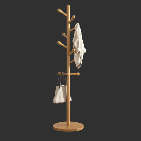 Tree Style Beech Wood Nut-Brown Hooks Stand Coat Rack Image - 2