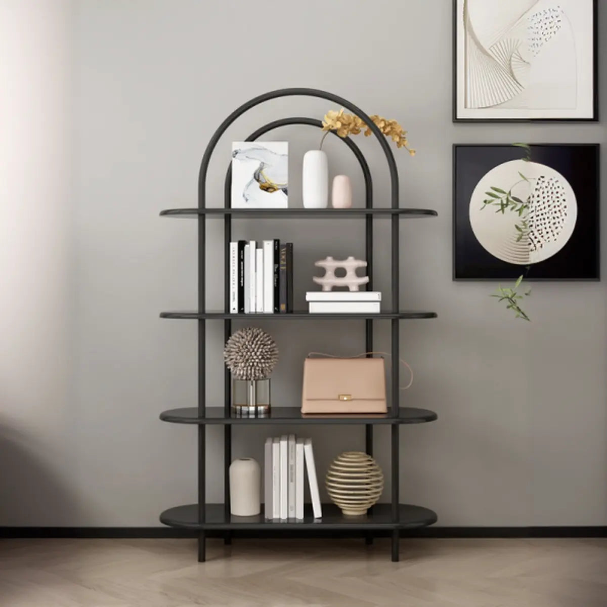 Trendy Arched Metal Frame 4-Shelf  Display Bookshelf Image - 4