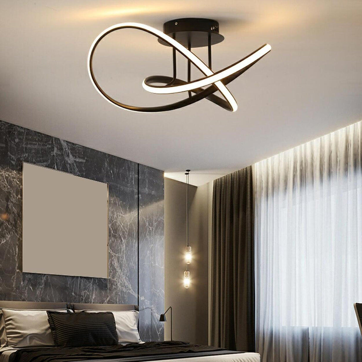 Trendy Bedroom Black Swirl Linear Semi-Flush Mount Lamp Image - 1