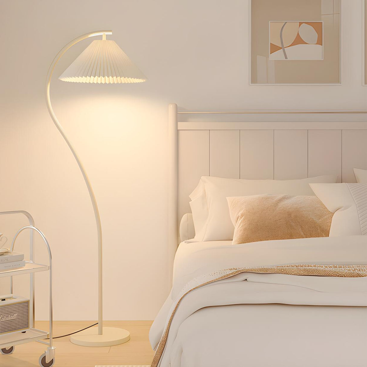 Trendy Bedside White Cone and Green Arc Floor Lamp Image - 12