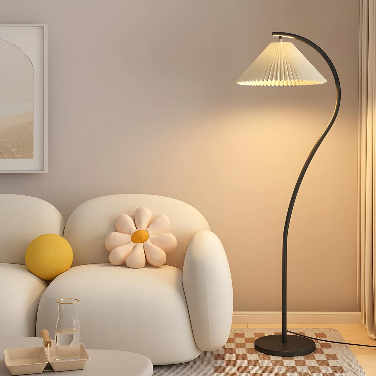 Trendy Bedside White Cone and Green Arc Floor Lamp Image - 2