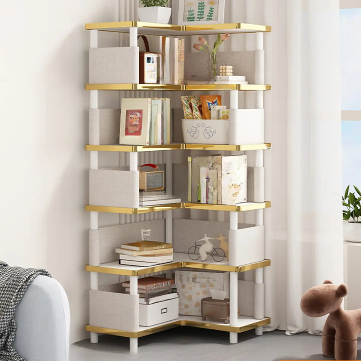 Trendy Beige L-Shape Open Corner Wood Storage Bookcase Image - 10