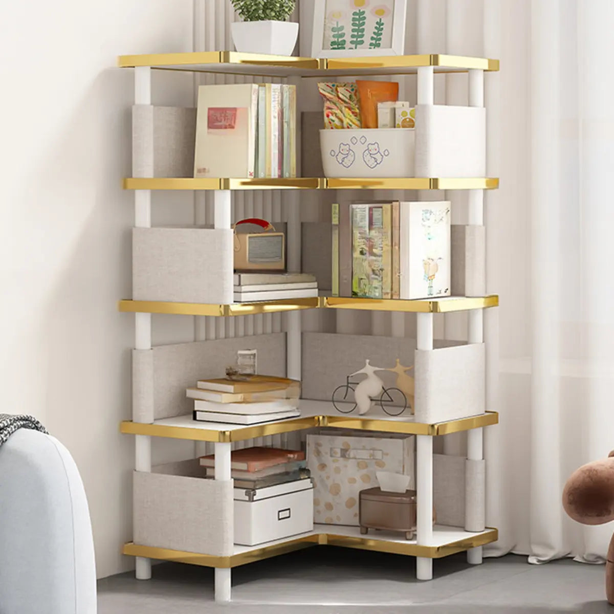 Trendy Beige L-Shape Open Corner Wood Storage Bookcase Image - 11