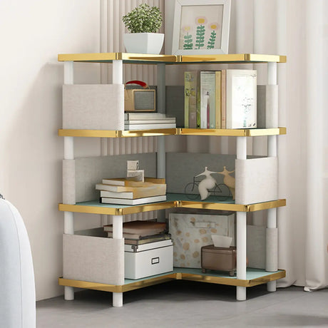 Trendy Beige L-Shape Open Corner Wood Storage Bookcase Image - 2