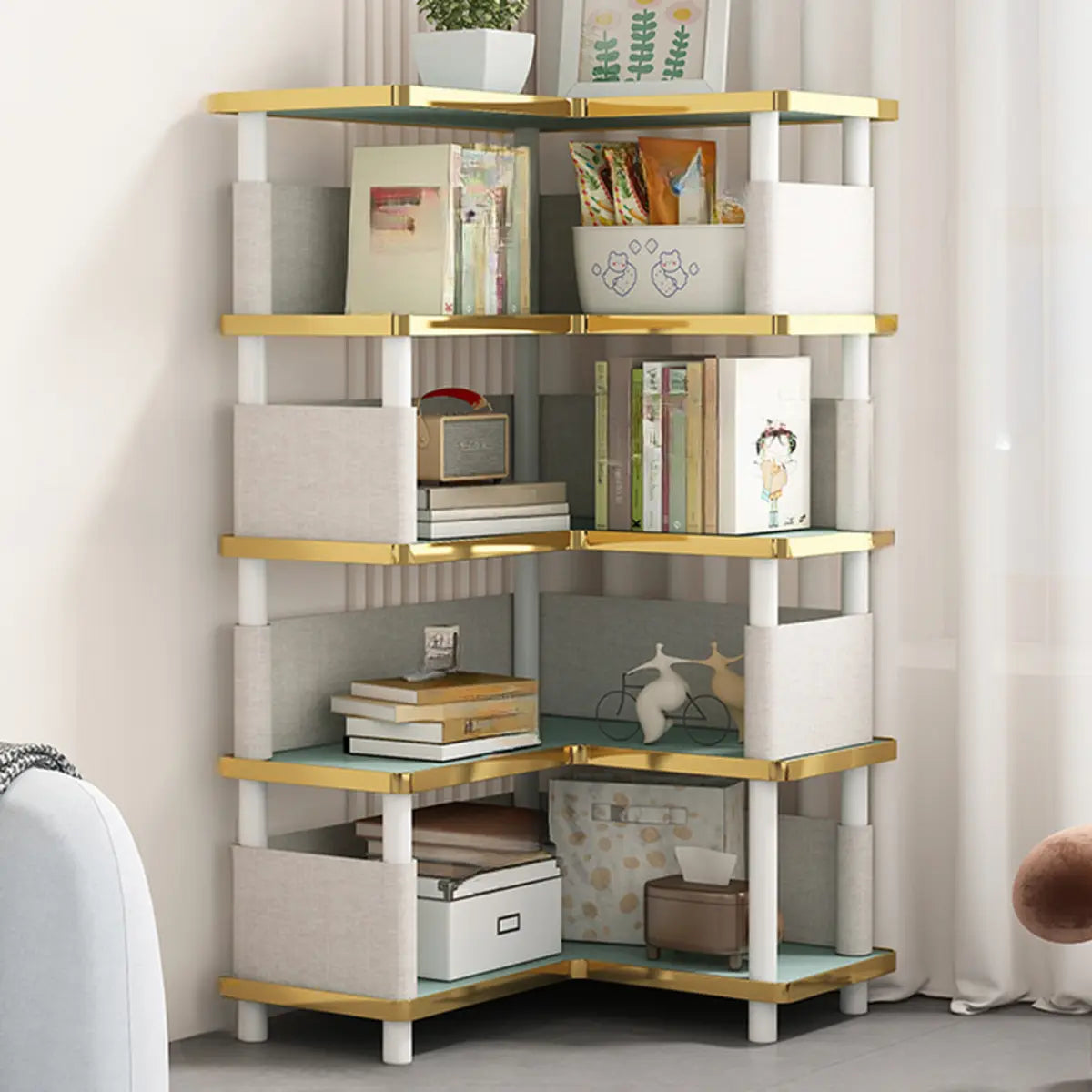 Trendy Beige L-Shape Open Corner Wood Storage Bookcase Image - 4