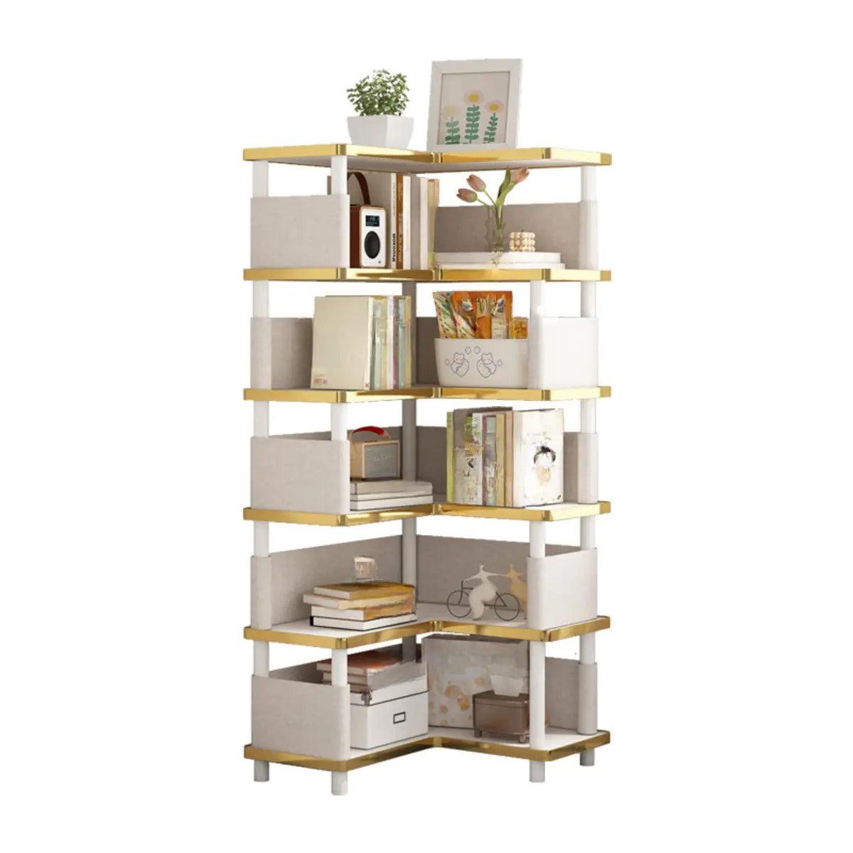 Trendy Beige L-Shape Open Corner Wood Storage Bookcase Image - 5