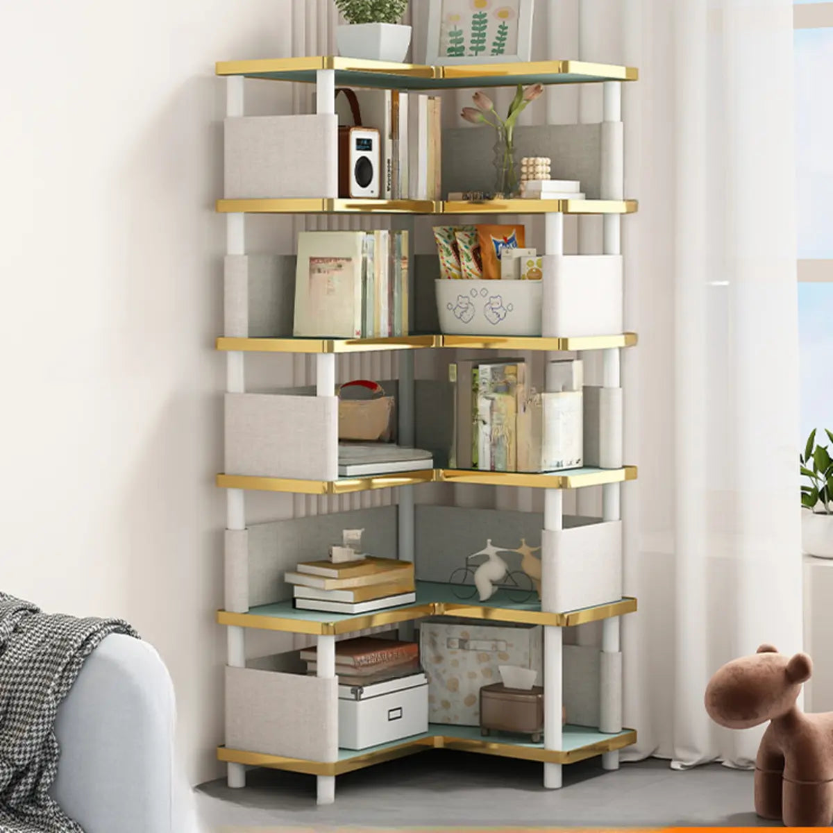 Trendy Beige L-Shape Open Corner Wood Storage Bookcase Image - 9