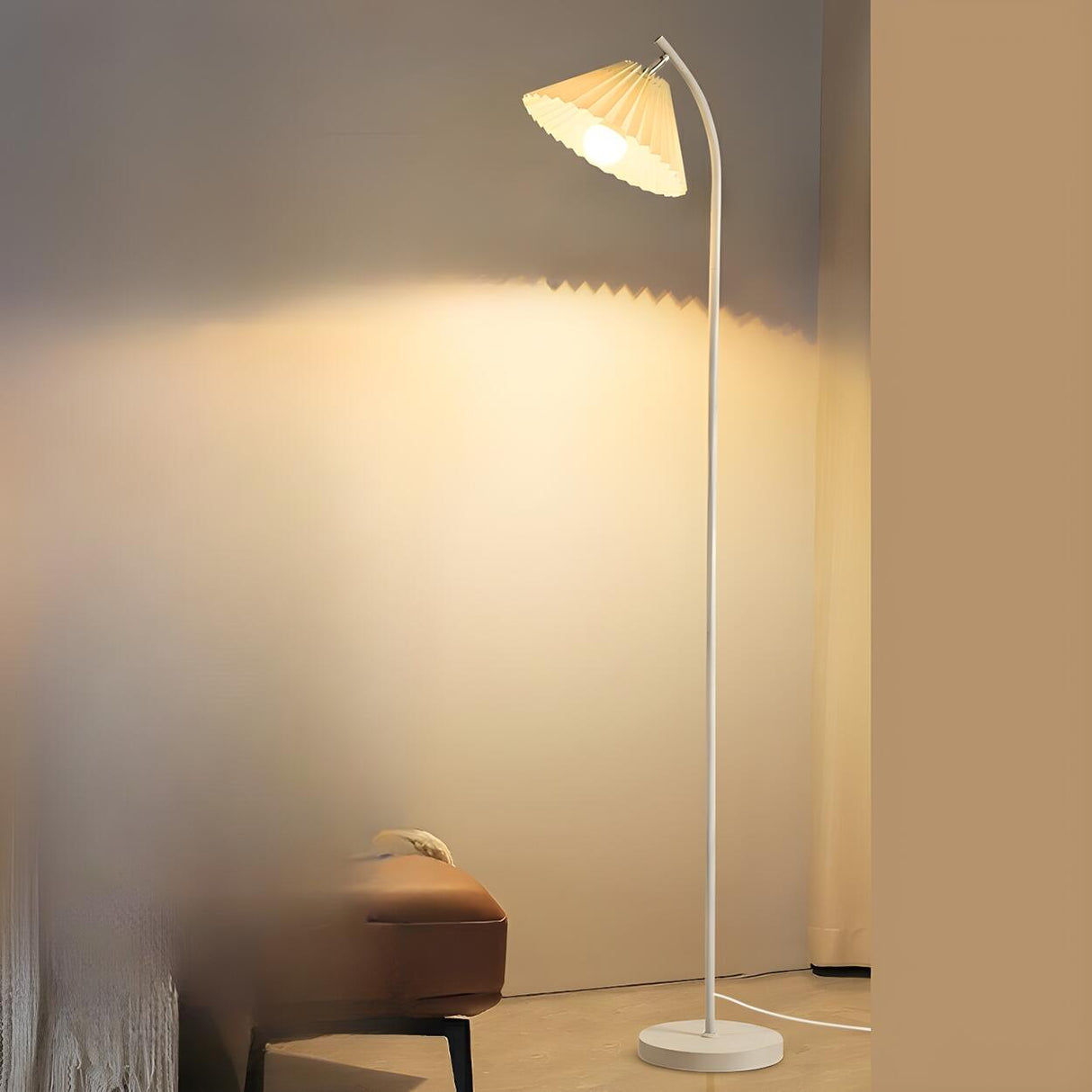 Trendy Beige Pleated Shade Curved Metal Floor Lamp Image - 1