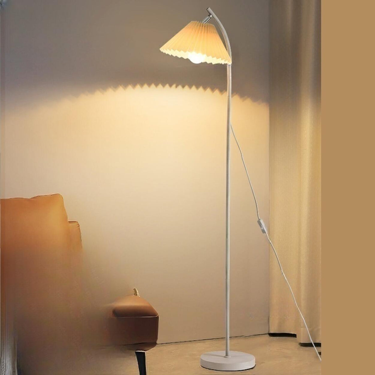 Trendy Beige Pleated Shade Curved Metal Floor Lamp Image - 10