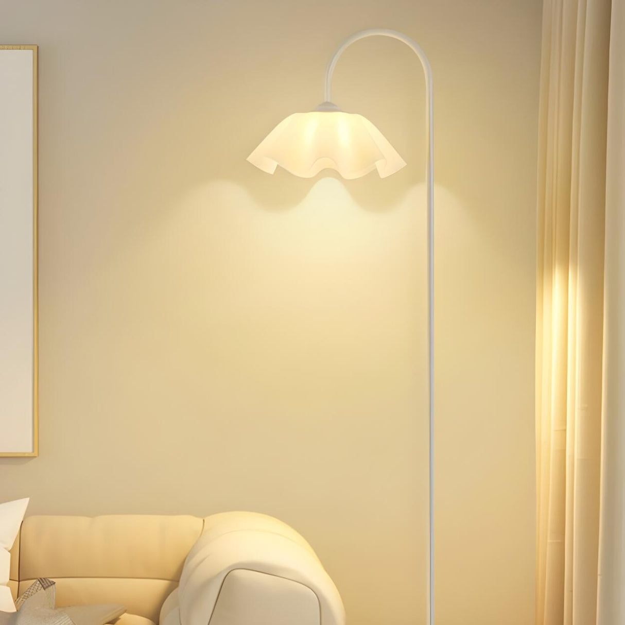 Trendy Beige Pleated Shade Curved Metal Floor Lamp Image - 14