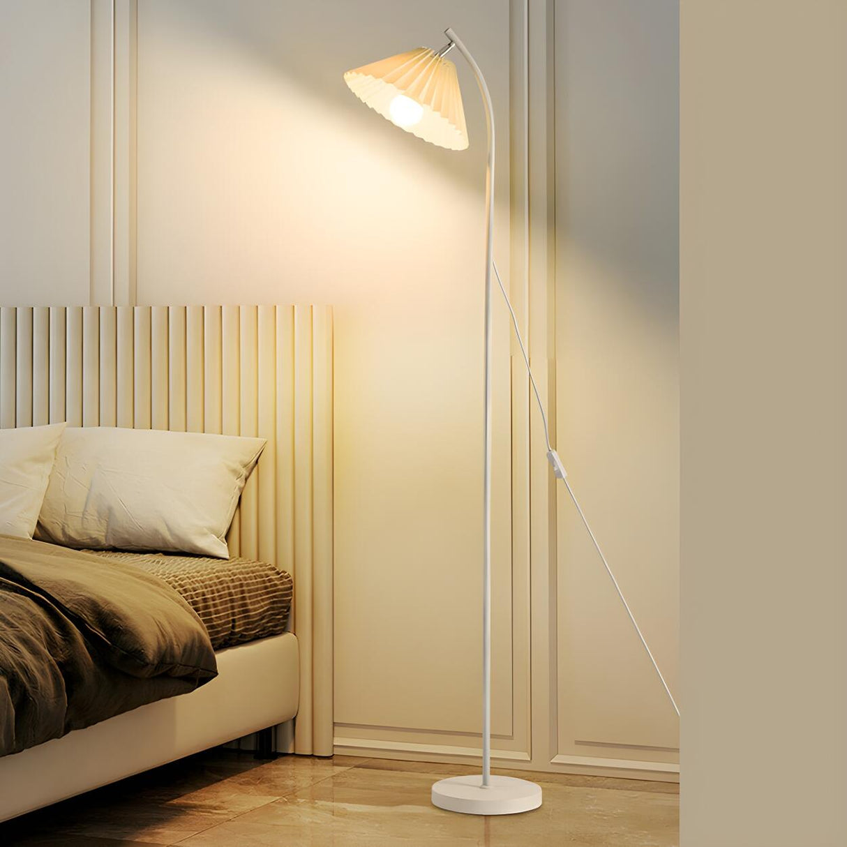 Trendy Beige Pleated Shade Curved Metal Floor Lamp Image - 15