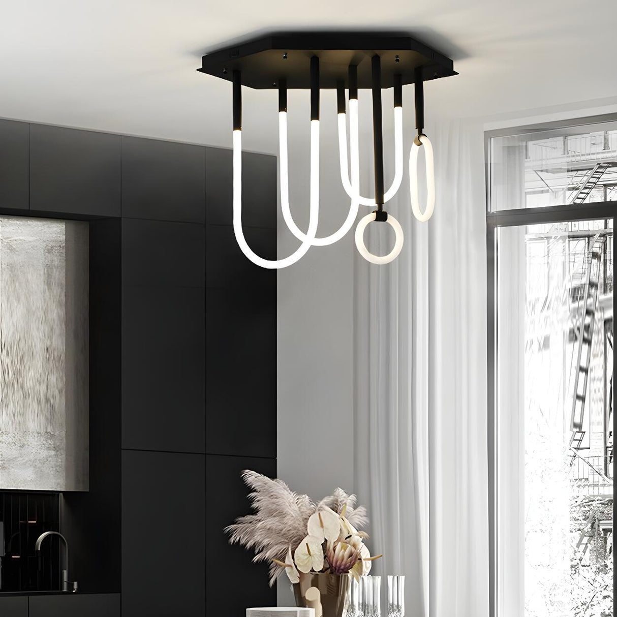 Trendy Black U-Shaped Rings LED Semi-Flush Mount Light Image - 4