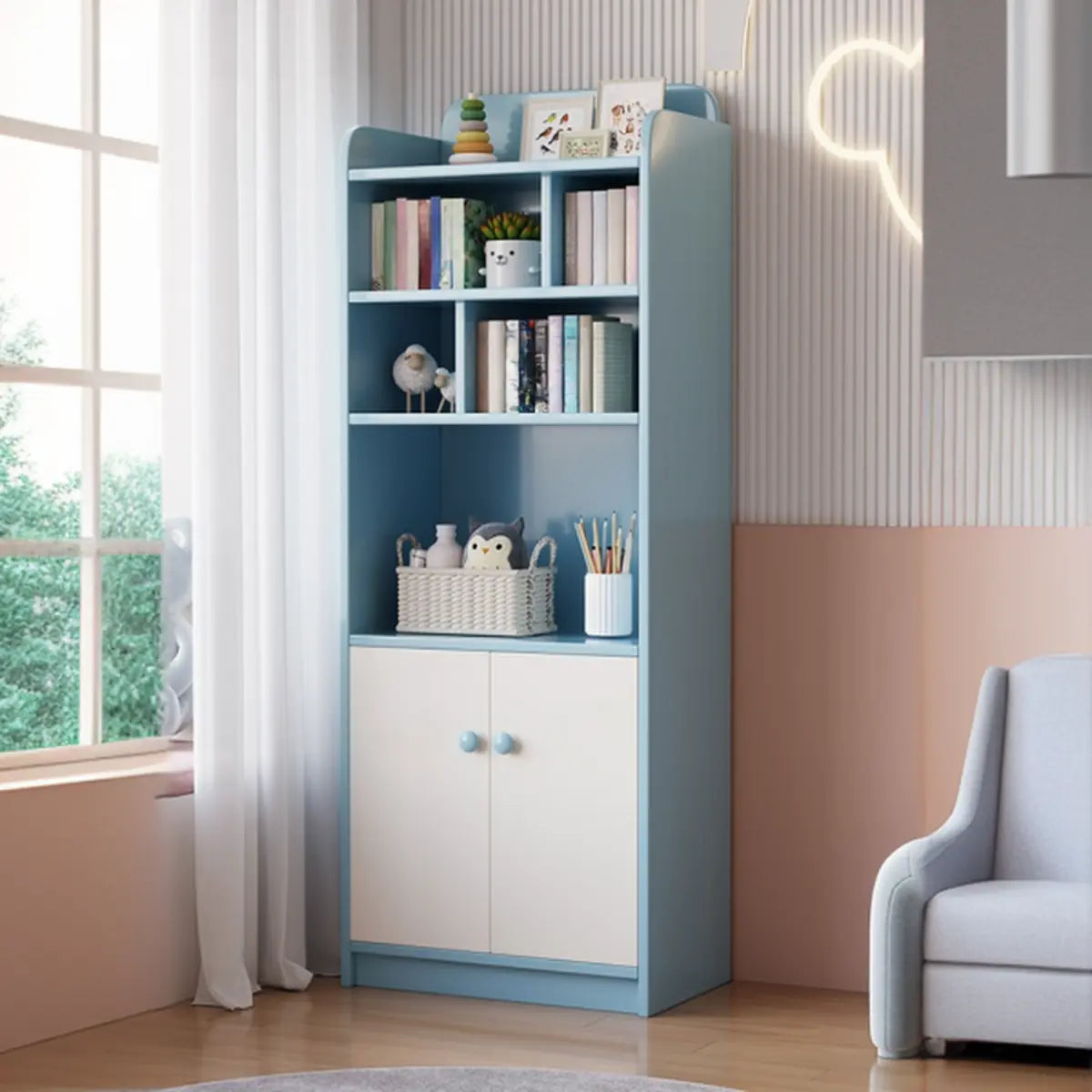 Trendy Blue Vertical Closed Back Wood Storage Bookcase Image - 1