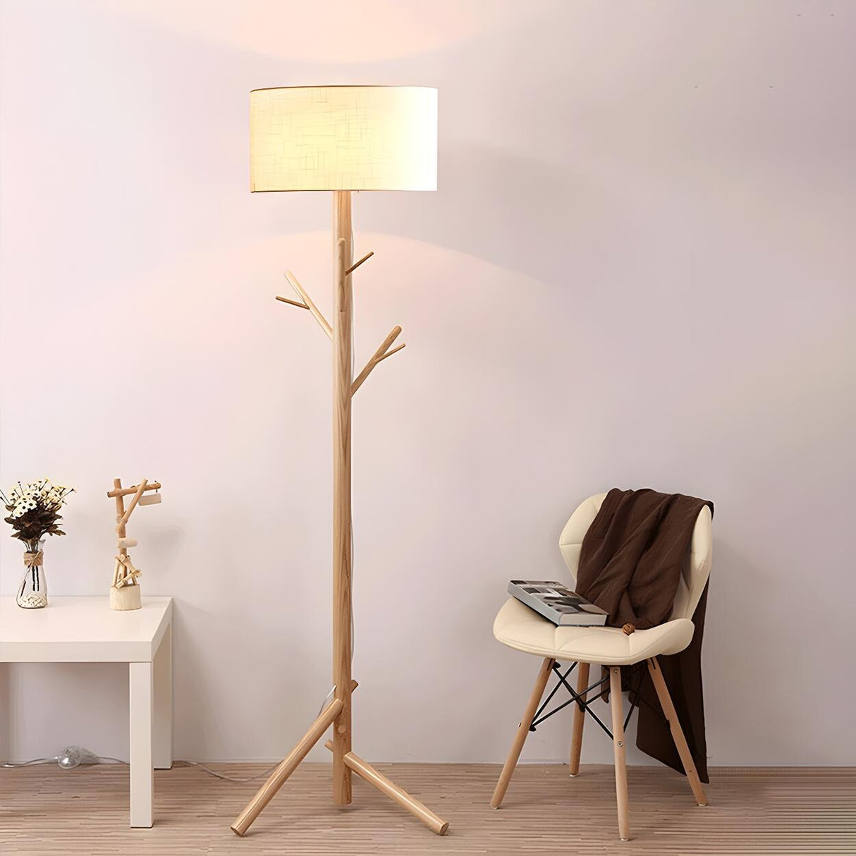 Trendy Drum and Tree Branch Wooden Floor Lamp Image - 2