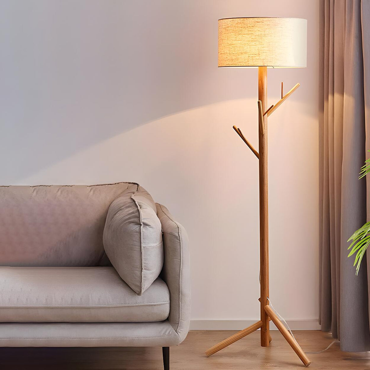 Trendy Drum and Tree Branch Wooden Floor Lamp Image - 3