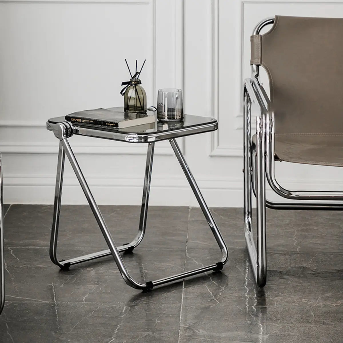 Trendy Folding Rectangular Silver Compact Metal Side Table Image - 4