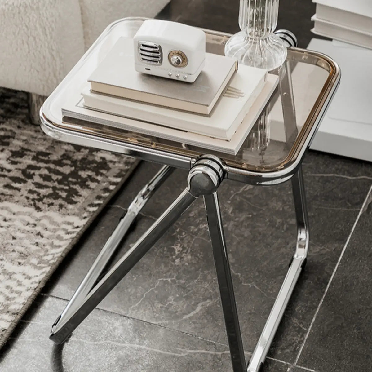 Trendy Folding Rectangular Silver Compact Metal Side Table Image - 10