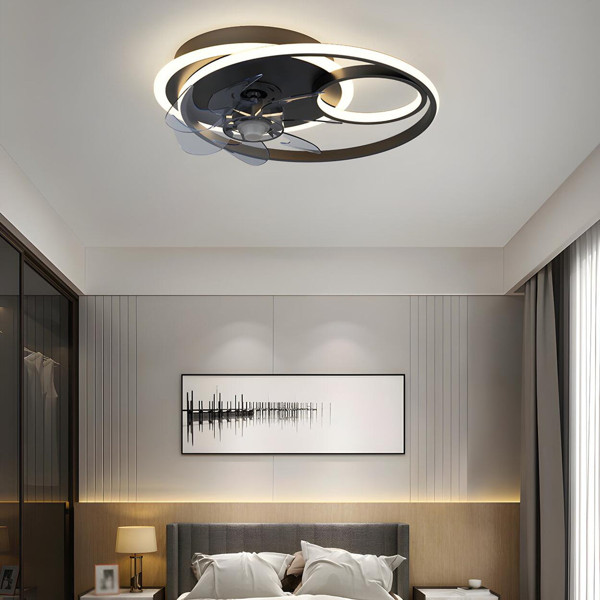 Trendy Geometric Ring Modern Ceiling Fan with LED Light Image - 4