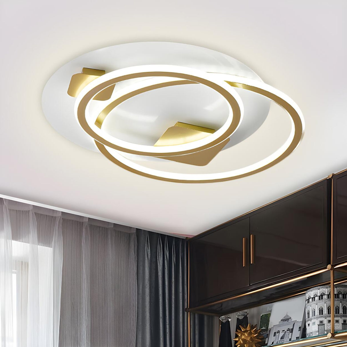 Trendy Gold Dual Ring LED Semi-Flush Mount Ceiling Lamp Image - 2