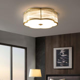 Trendy Gold Flower Drum Glass Semi-Flush Ceiling Light Image - 4