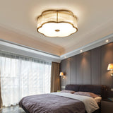 Trendy Gold Flower Drum Glass Semi-Flush Ceiling Light Image - 8