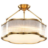 Trendy Gold Flower Drum Glass Semi-Flush Ceiling Light Image - 9