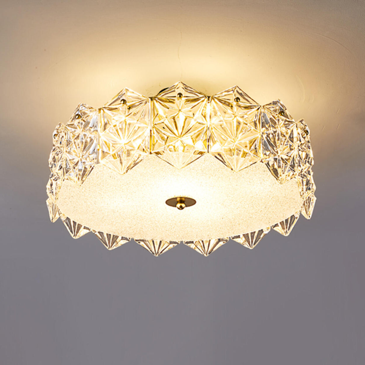 Trendy Gold Round Hexagonal Glass Semi-Flush Mount Lamp Image - 3