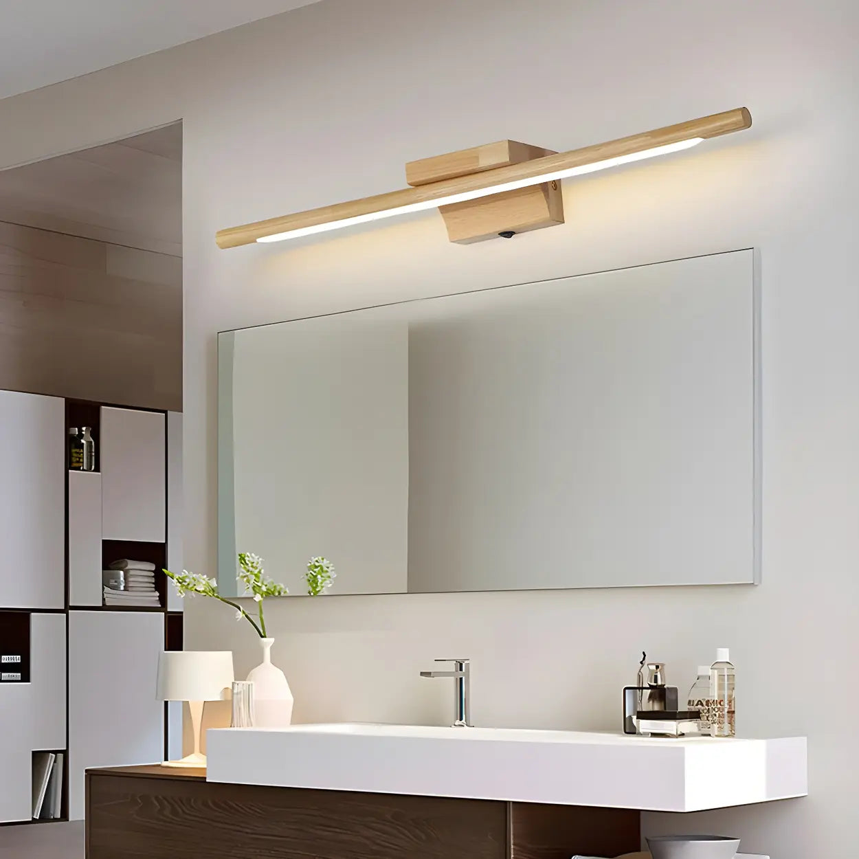 Trendy Linear Wood-Color LED Bathroom Vanity Light Image - 1