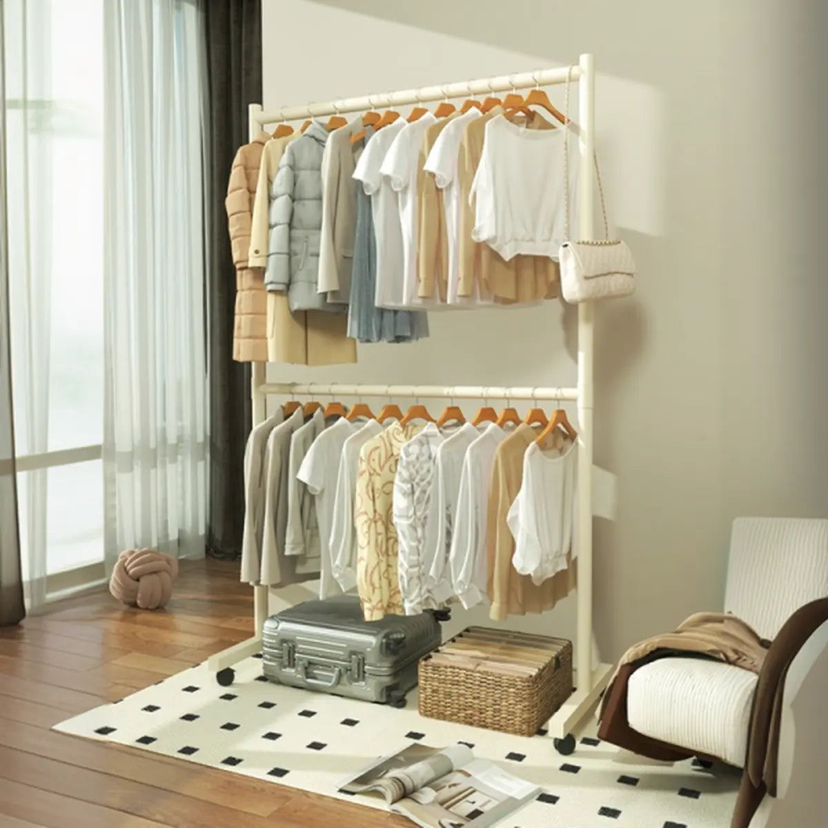 Trendy Minimalist Metal White 2 Tiers Mobile Coat Rack Image - 4