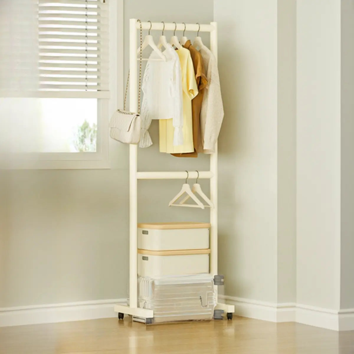 Trendy Minimalist Metal White 2 Tiers Mobile Coat Rack Image - 7