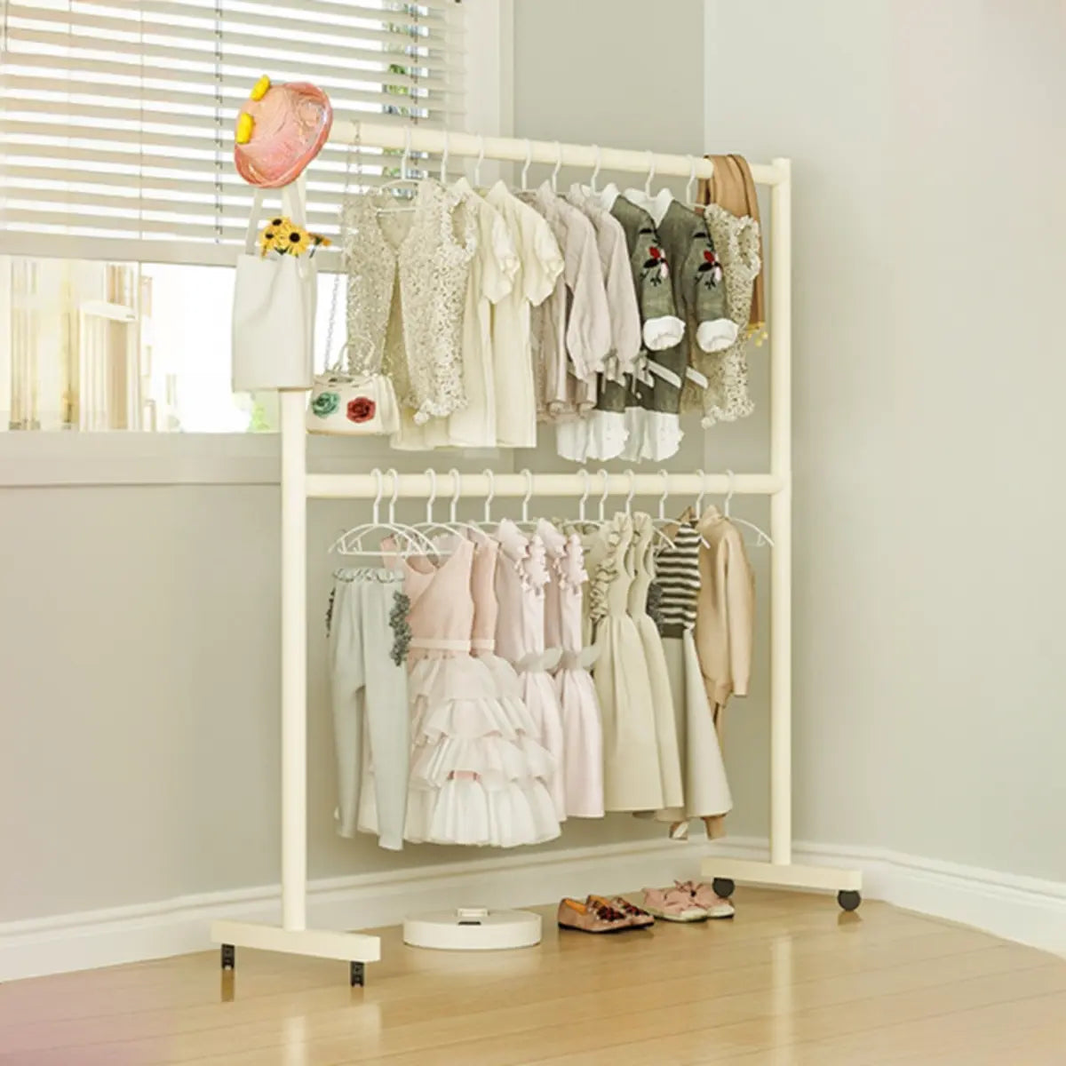 Trendy Minimalist Metal White 2 Tiers Mobile Coat Rack Image - 9