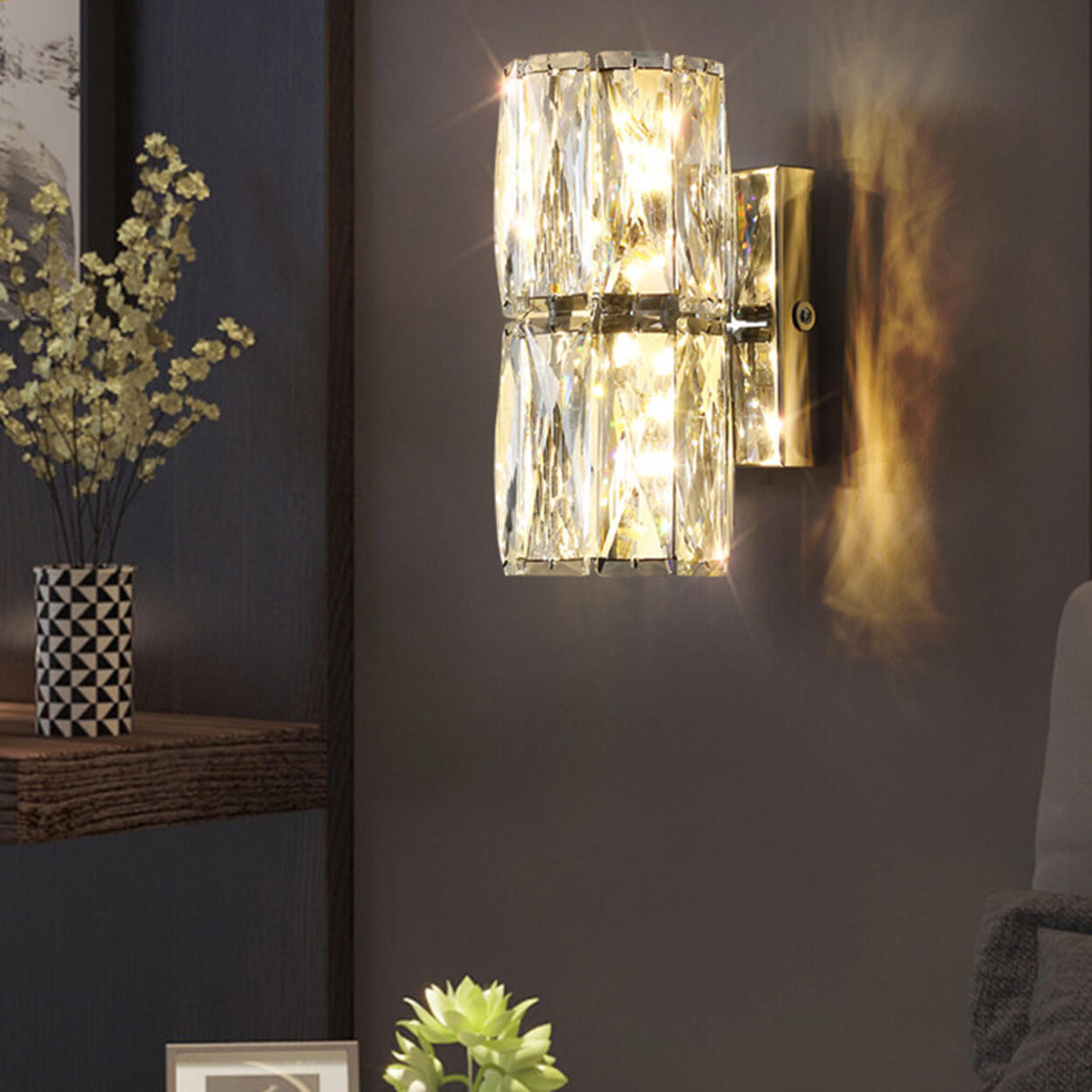 Trendy Multi-Faceted Gold Crystal Bedroom Wall Lamp Image - 3