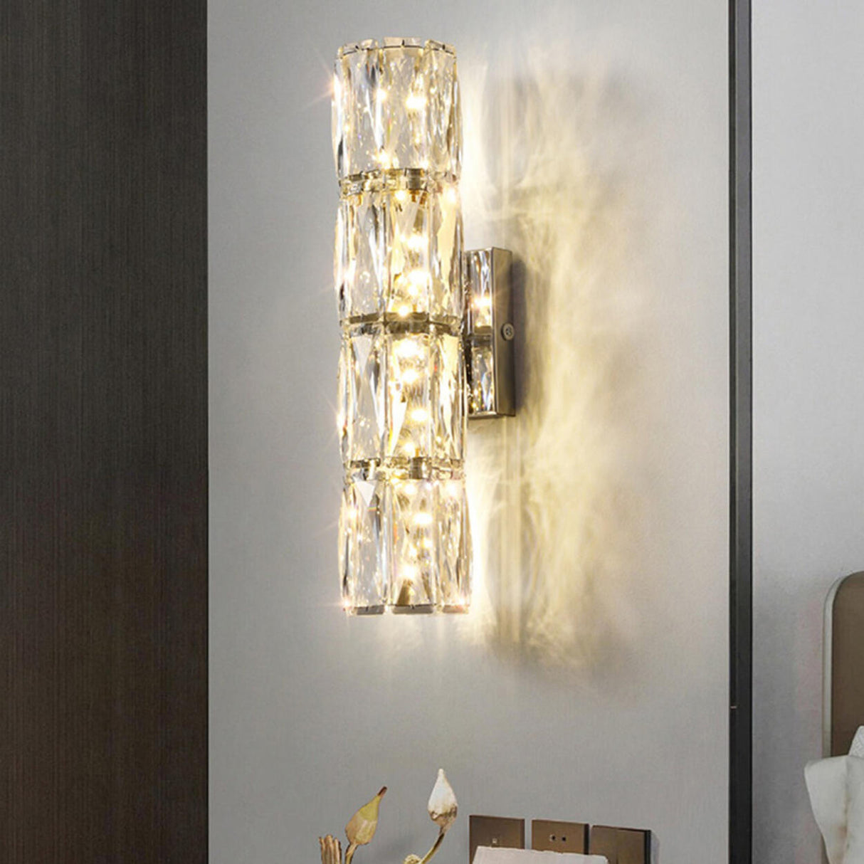 Trendy Multi-Faceted Gold Crystal Bedroom Wall Lamp Image - 7