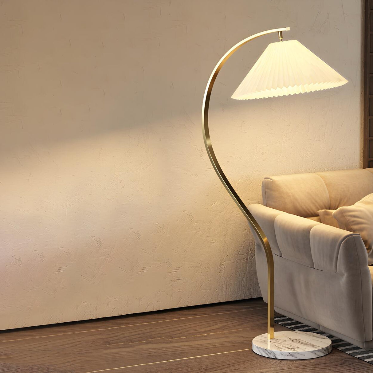 Trendy Pleated Fabric Curved Metal LED Floor Lamp Image - 3