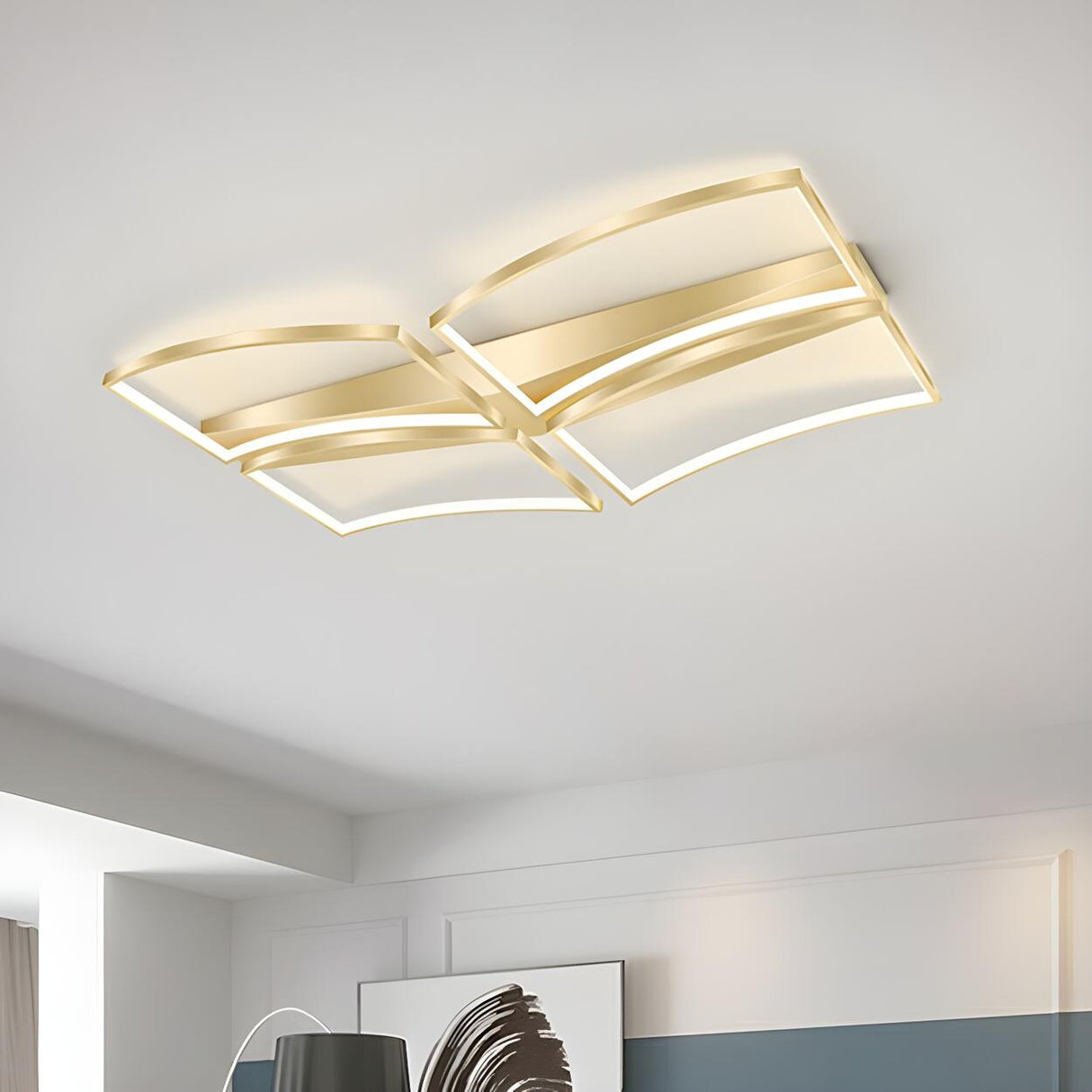 Trendy Rectangle Curved Gold LED Flush Mount Light Image - 1