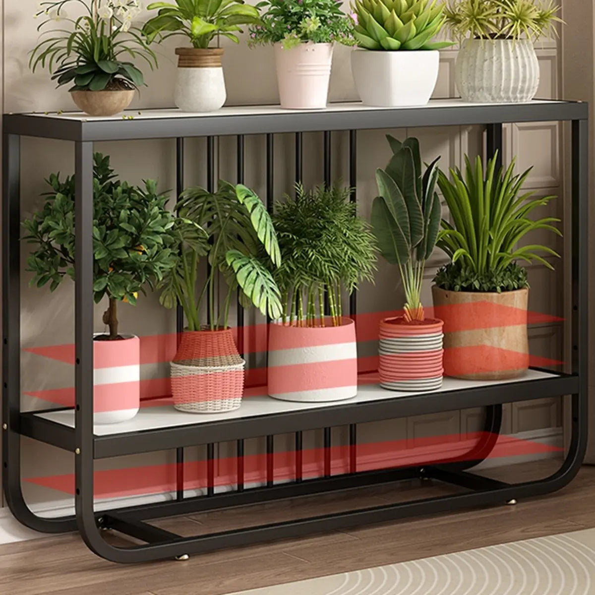 Trendy Rectangle Metal Rolling 2 Tier Plant Stand Black Image - 10