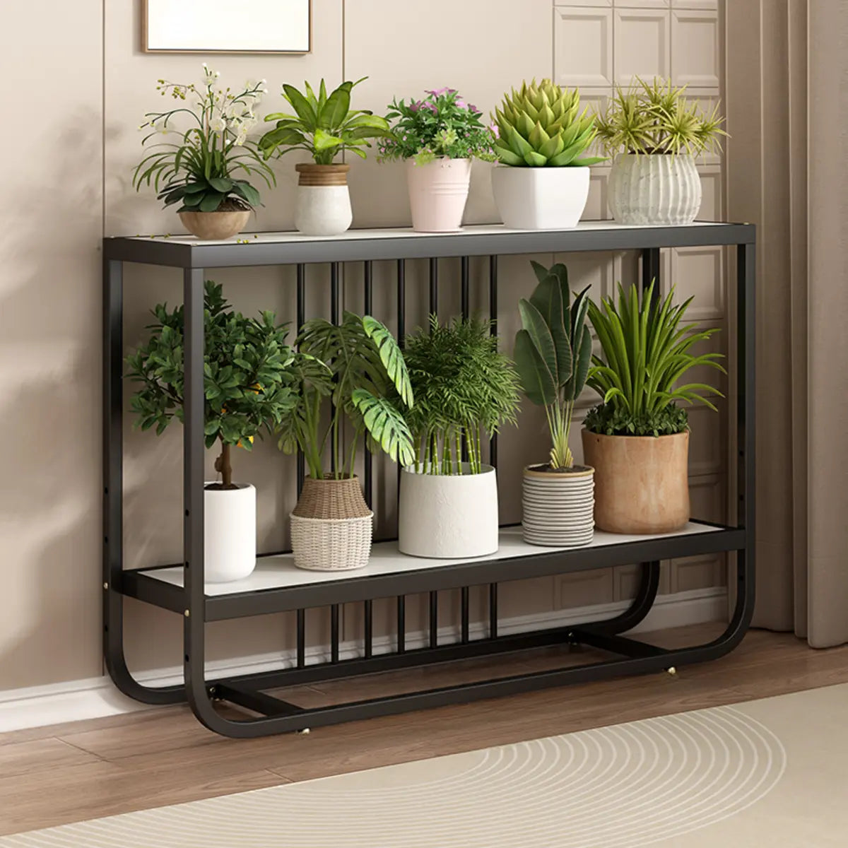 Trendy Rectangle Metal Rolling 2 Tier Plant Stand Black Image - 11