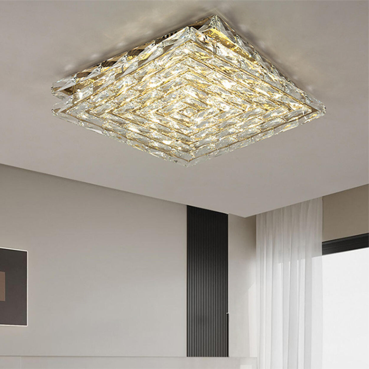 Trendy Square Steel Crystal Flush Mount Ceiling Light Image - 3