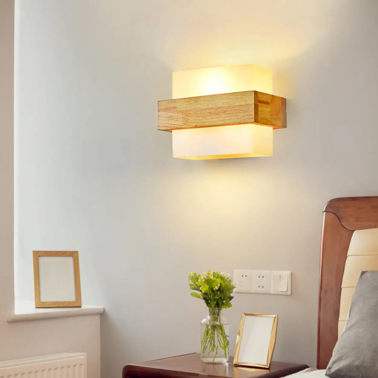 Trendy Square Wood and Glass Bedroom Wall Sconce Image - 1