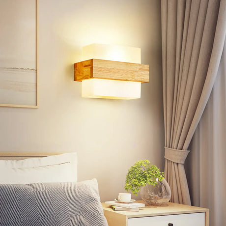 Trendy Square Wood and Glass Bedroom Wall Sconce Image - 2