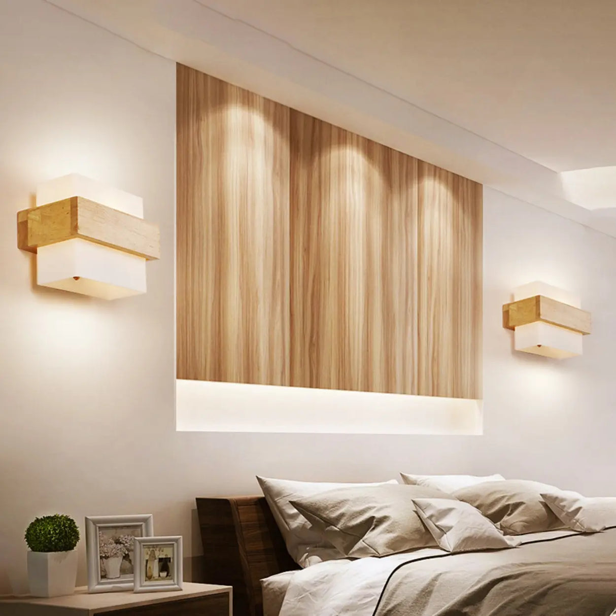 Trendy Square Wood and Glass Bedroom Wall Sconce Image - 3