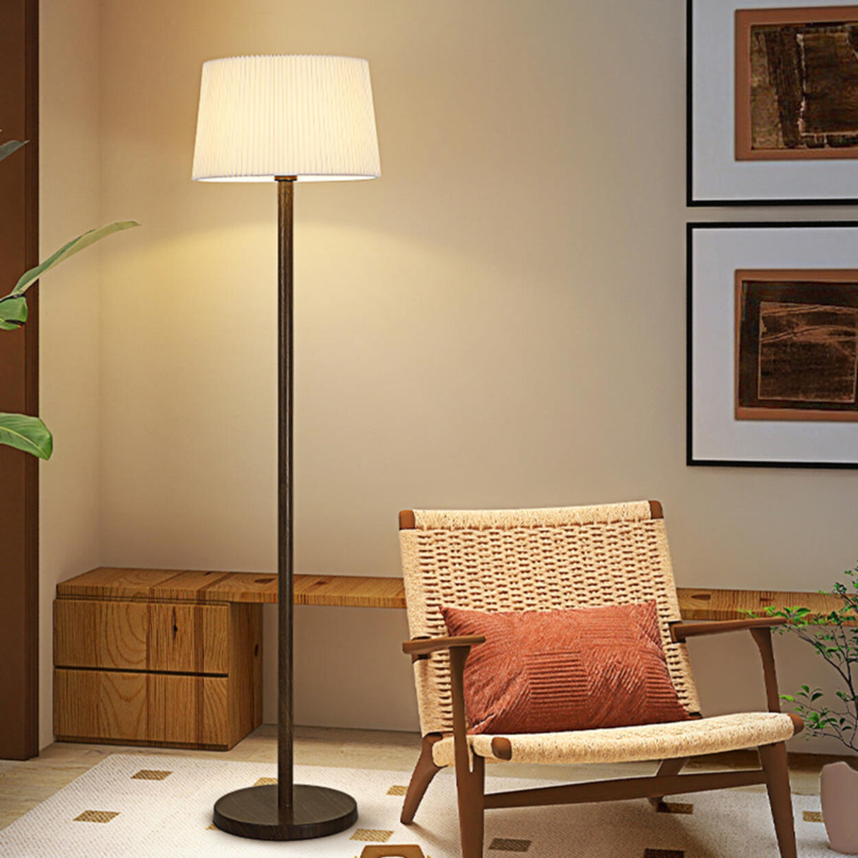 Trendy White Cylinder Walnut Metal Floor Lamp Image - 1