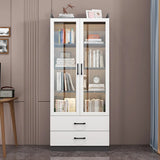 Trendy White Glass Doors Vertical Wooden Bookcases Image - 1