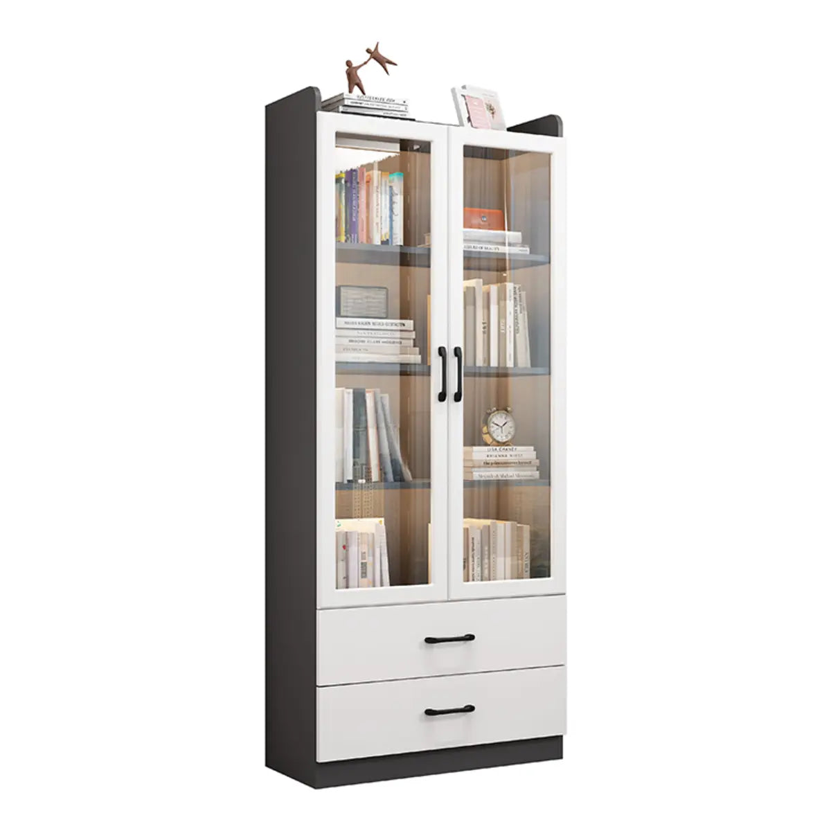 Trendy White Glass Doors Vertical Wooden Bookcases Image - 10