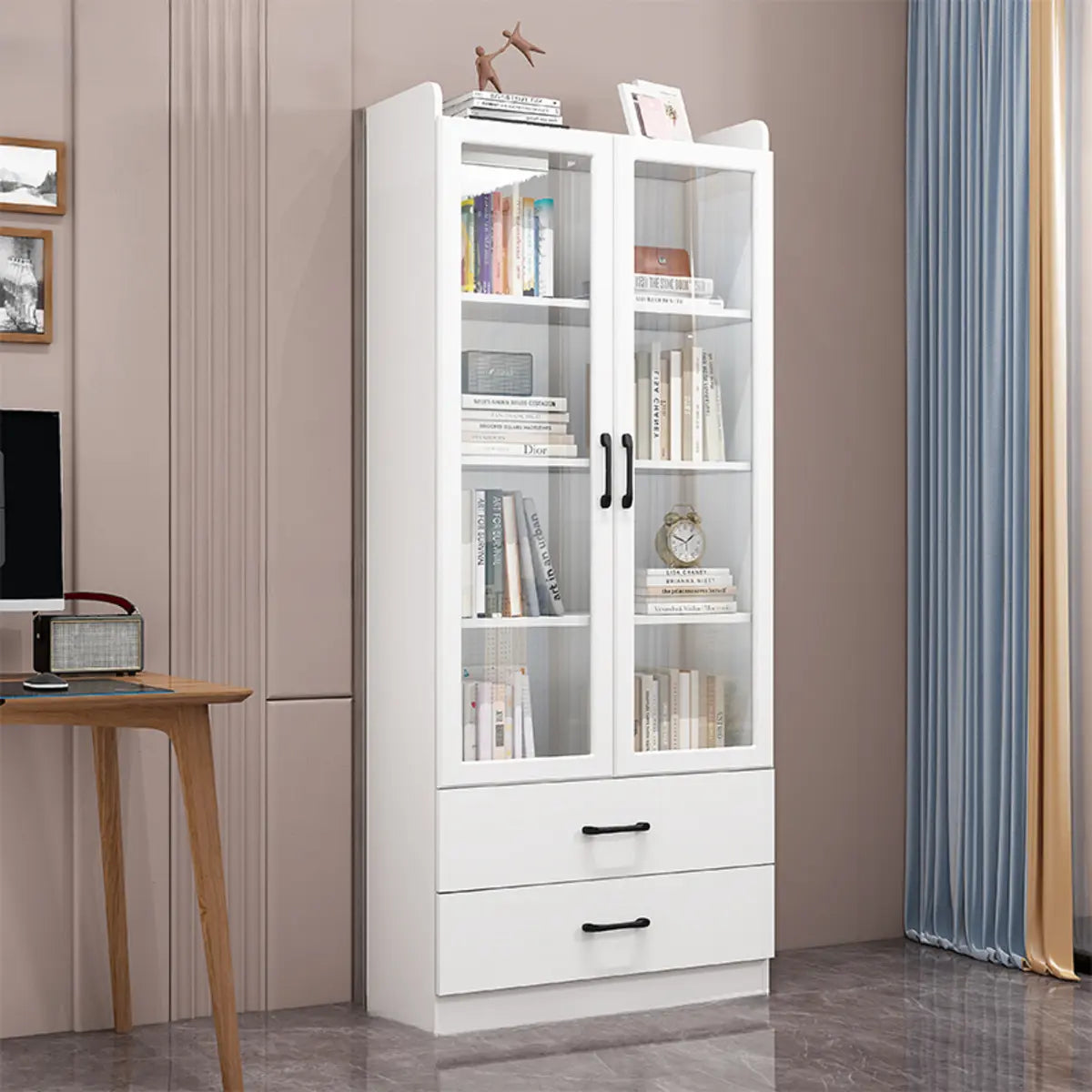 Trendy White Glass Doors Vertical Wooden Bookcases Image - 12