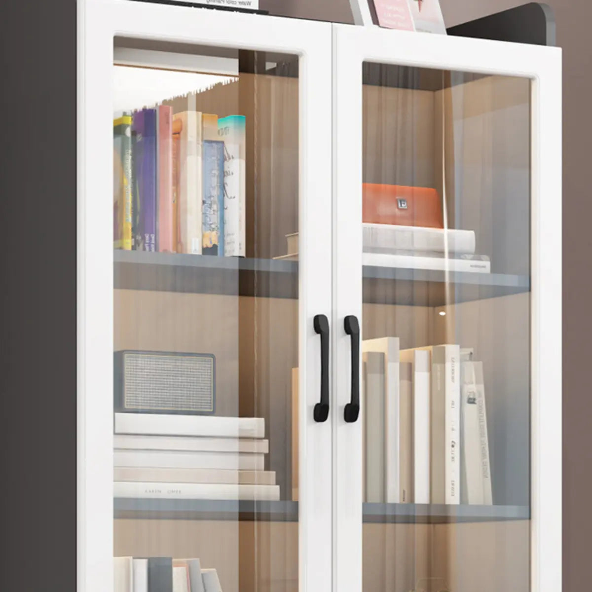 Trendy White Glass Doors Vertical Wooden Bookcases Image - 13