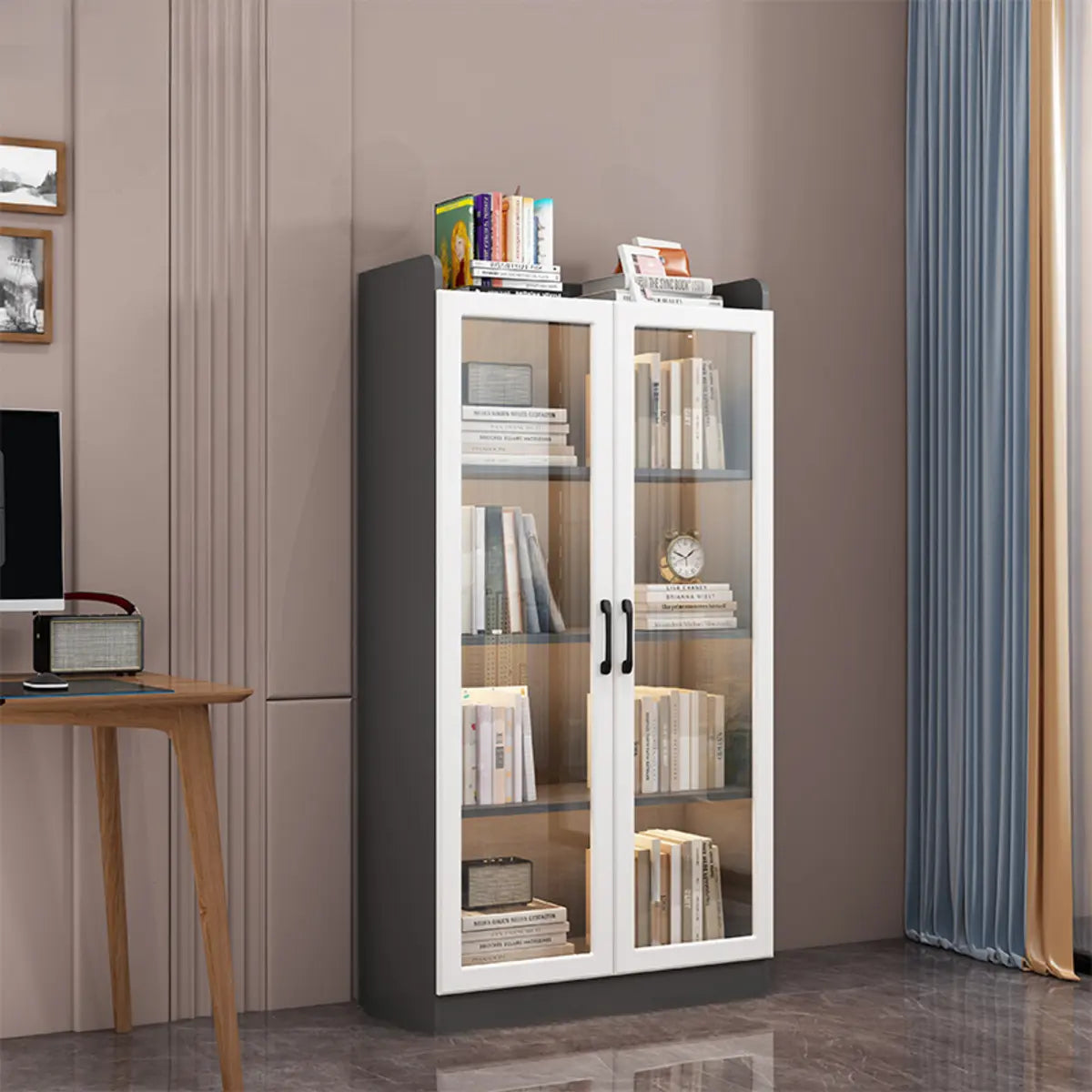 Trendy White Glass Doors Vertical Wooden Bookcases Image - 14